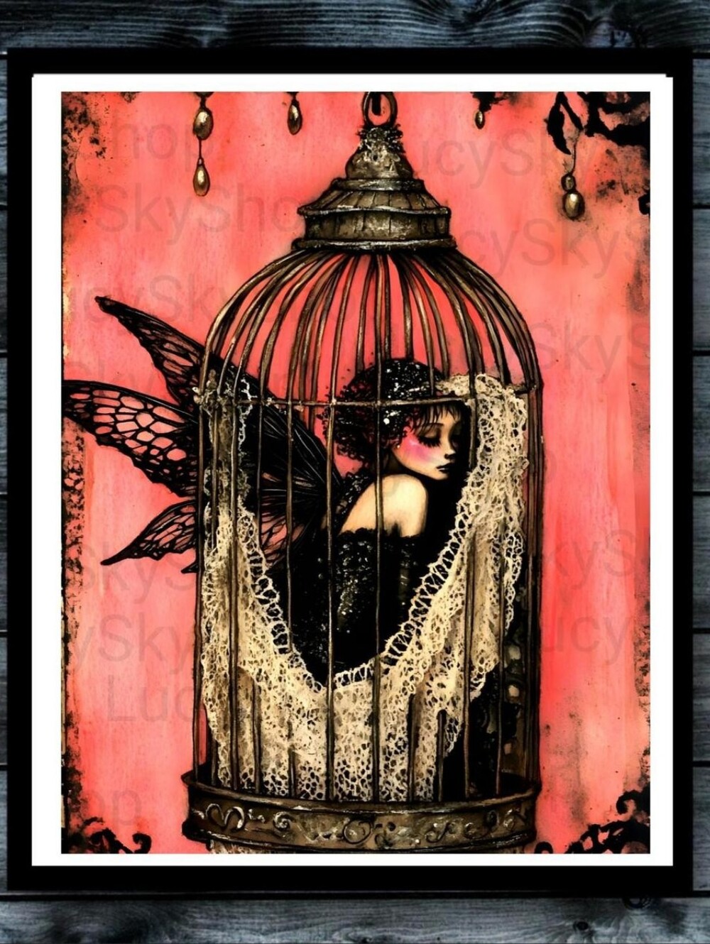Caged Fairy Pink Black Art Print Whimsy Goth Fairycore Fantasy Wall Art
